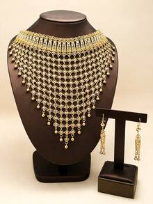 Dubai Luxury Gold Plated Hollow Floral Mesh Tassel Necklace Dangle Earrings Arabian Bridal Wedding Statement Jewelry Set For Women Party Banquet Gifts - Yellow Gold - View 6