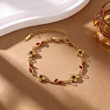 1 pieza Nuevo brazalete de moda fresca con pequeña flor & hoja verde, accesorio de mujer de acero inoxidable chapado en oro de 18K, adecuado para uso diario y ocasiones festivas - Multicolor - Ver 4