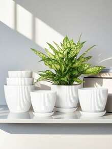 1pc/Set 7.48-5.91 Inch Plastic Flower Pot With Tray, Drainage Hole Planting Pot, Vertical Stripe Design, Lightweight And Space-Saving, Suitable For Desktop, Office, Living Room, Balcony And Home Decor - Multicolor - View 2