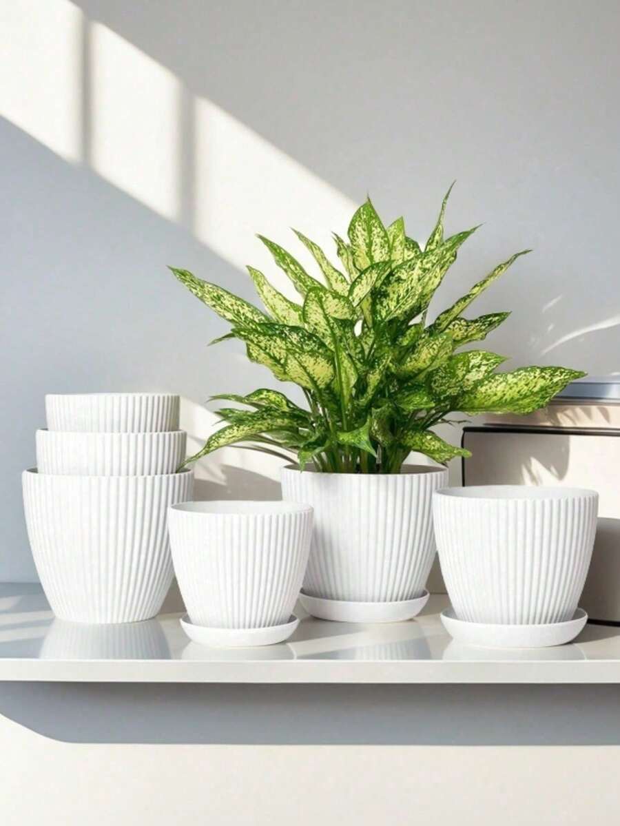 1pc/Set 7.48-5.91 Inch Plastic Flower Pot With Tray, Drainage Hole Planting Pot, Vertical Stripe Design, Lightweight And Space-Saving, Suitable For Desktop, Office, Living Room, Balcony And Home Decor