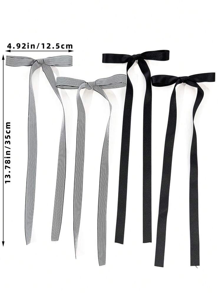 2pcs Fresh School Style Long Ribbon Bow Hair Clips, Striped & Solid Color Satin Ribbon Design, Suitable For Back To School Season Daily Wear, Girly Vibe Styling Hair Accessories - Multicolor - View 4