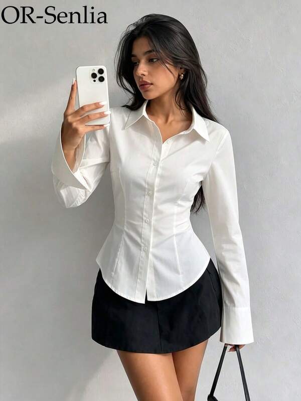 女款學院風戶外襯衫，畢業季休閒運動秋季穿搭－教師服飾－白色教師襯衫