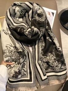 1pc Patterned Scarf For Women, Winter Warm Versatile Shawl, Dual-Use Air-Conditioned Room Office Cape, Long Thick Neck Warmer - Black - View 5