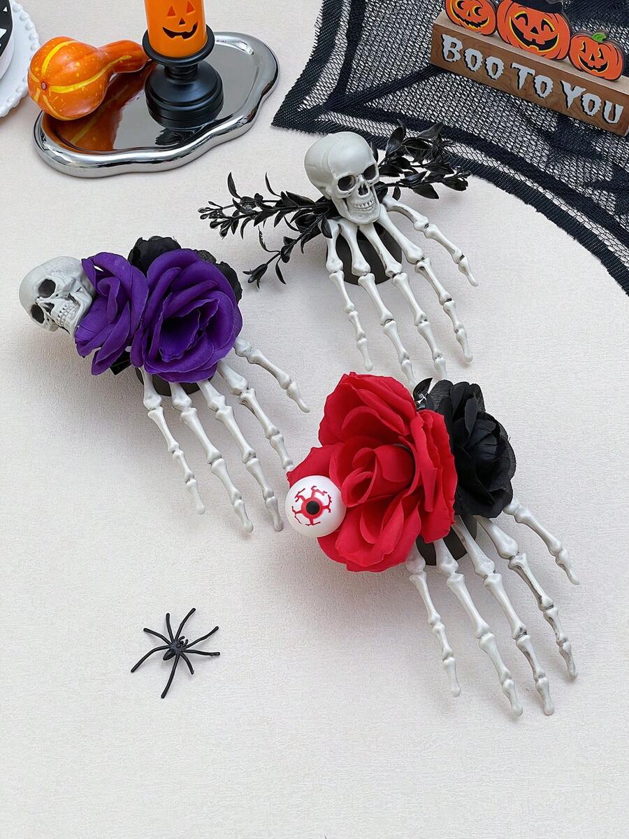 Women's Halloween Skeleton Hand Hair Clip, Gothic Skeleton Artificial Rose Eyeball Decor Side Hair Clip, Suitable For Women And Girls Horror Cosplay Party Hairstyle Accessory, Match Halloween Devil Party Costume Hair Accessory, Women's Halloween Hair Accessory Costume Prop, Women's Hair Clip, Halloween Costume, Women's Hair Accessory