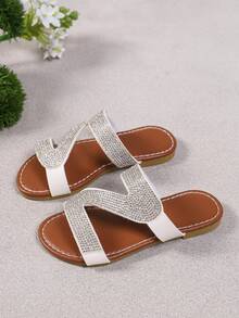 Little Girls' Sparkling Rhinestone Slides, Fashion Flat Sandals, Open-Toe Slip-On Casual Flats, Ideal For Daily Wear, Beach And Vacation - White - View 3
