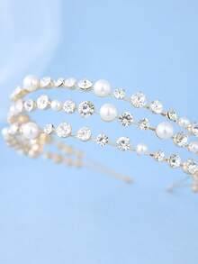 Elegant Gold Tone Pearl Crystal Bridal Headband Wedding Hair Accessories Women For Prom Party Birthday Pageant - Gold - View 6