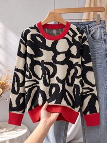 GIGOGOU Women's Autumn/Winter Colorblock Red Trim Round Neck Long Sleeve Knit Sweater, Casual Loose Fit Pullover - Red - View 2