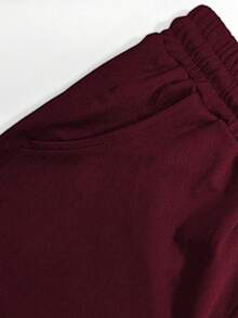 Women's Casual Matching Contrast Color V-Neck Short Sleeve Top And High Waist Drawstring Straight Pants 2-Piece Set, Spring/Summer Elegant - Wine Red 29 + Off-white - View 7