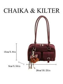 CHAIKA & KILTER 1件裝 素色麂皮布料女款時尚單肩包 多口袋大容量波士頓保齡球包 拉鍊開合 適合日常與外出使用（附吊飾） - 酒紅色 - 查看 3