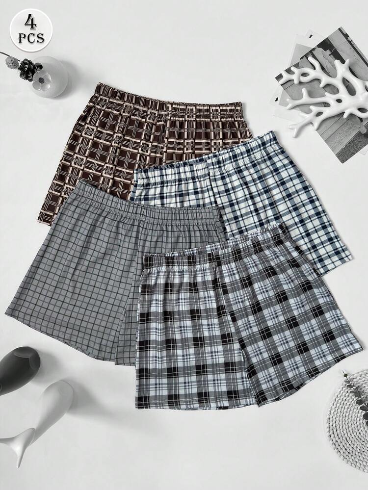 4pcs/Pack Men's Plaid Print Loose Comfortable Thin Breathable Elastic Boxer Shorts With Elastic Waistband, Multi-Color Set - Multicolor - View 3
