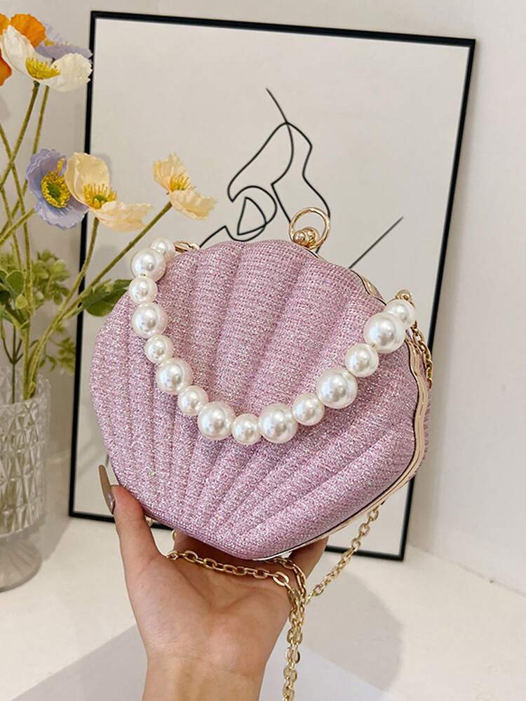 Mermaid Glitter Shell Evening Clutch, Scallop Hard Frame Bag, Pearl Handle Detachable Chain, Women's Shiny Handbag, Suitable For Banquets And Party Events - Watermelon Pink - View 7