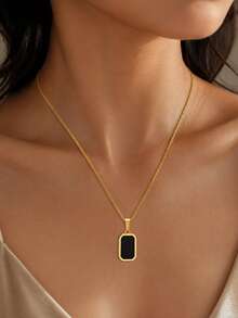 Gold Stainless Steel Black Rectangle Pendant Necklace For Women, Minimalist Tag Charm Box Chain, Waterproof Everyday Jewelry Christmas Gift For Her - Gold - View 3