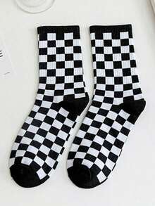 5 Pairs Unisex Plaid Mid-Calf Socks, Random Assortment, Minimalist Fashion Vintage, Soft & Comfortable, Casual Versatile, Suitable For Daily Home Wear, Autumn/Winter Essential - Multicolor - View 5