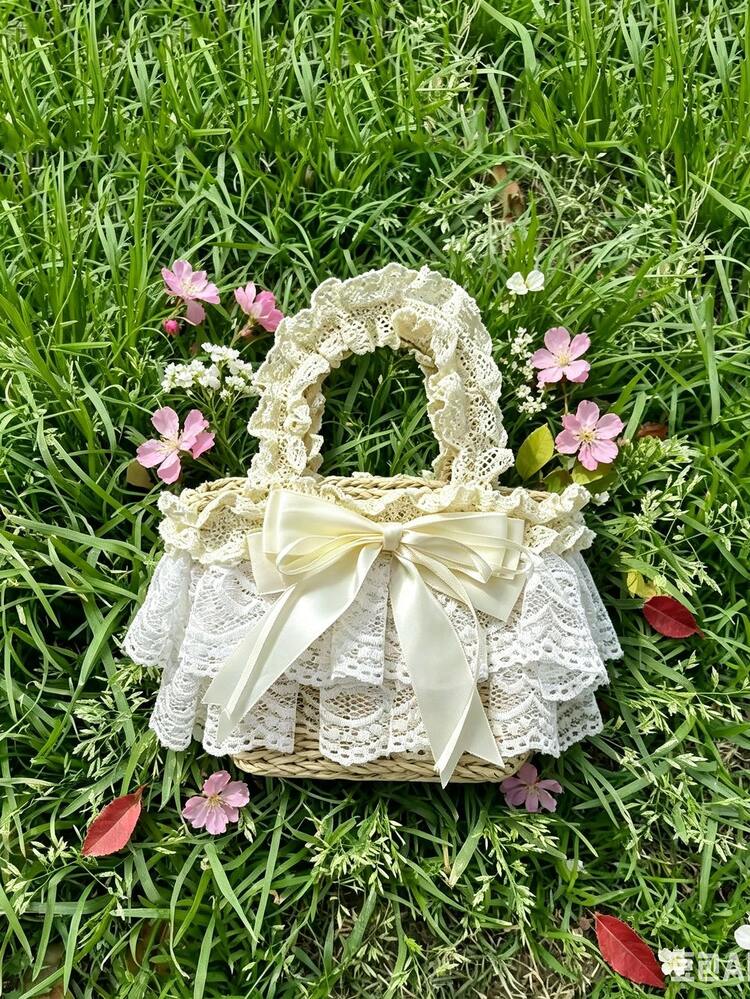 Summer Pastoral Lace Niche Design Ins Style Straw Woven Crossbody Handbag, Commute, Outing, Daily Shopping, Sweet Pastoral Lolita Handmade Woven Straw Bag - White - View 3