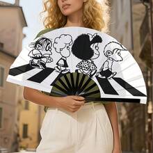 1pc Fashionable Folding Fan, Lightweight And Durable Plastic Material With Classic Black And White Striped Pattern, Summer Cooling Party Music Festival Atmosphere Essential - Multicolor - View 4