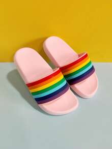 1 Pair Children's Multi-Color Patchwork Minimalist Flat Slippers, Suitable For Indoor/Outdoor Wear, Pool, Beach, Vacation, Summer - Pink - View 6
