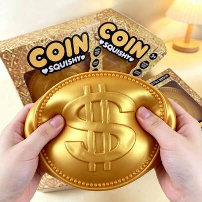 1pc Giant Gold Coin Squishy Independent Gift Box Stress Relief Toy, Slow Rebound Squeeze Toy, Funny Healing Decompression Gag Creative Gift