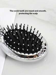 1pc Shiny Electroplated Silver Oval Folding Pocket Comb With Built-In Small Mirror, Compact Portable Travel Comb For Bags, Unisex - Multicolor - View 3