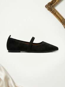 Elegante schwarze Damen-Mary-Jane-Ballerinas aus Kunstwildleder mit spitzer Zehenpartie, elastischem Riemen, flache Slip-On-Schuhe, bequem und rutschfest für Büro und Alltag - Schwarz - Übersicht 8
