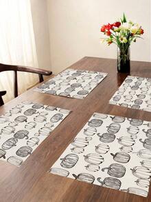 2/4/6Pcs Table Placemat, Fall Halloween Thanksgiving Hand Drawn Pumpkin Line Art Non Slip Washable Dining Mat - Black and White - View 1