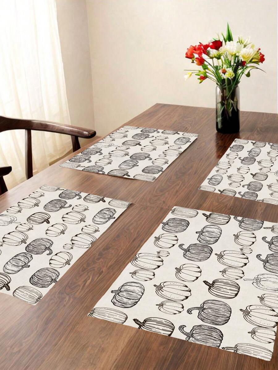 2/4/6Pcs Table Placemat, Fall Halloween Thanksgiving Hand Drawn Pumpkin Line Art Non Slip Washable Dining Mat - Black and White - View 1
