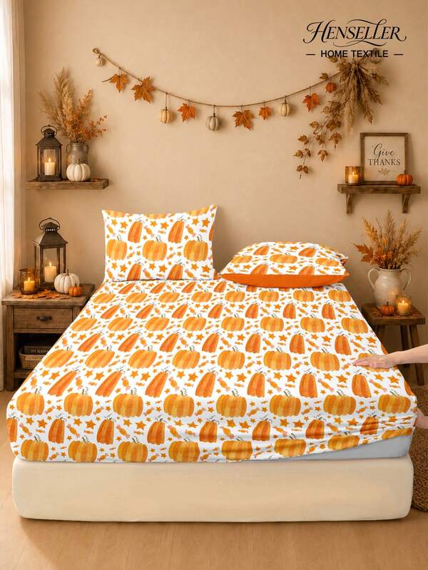 1pc Halloween & Thanksgiving Leaf Pumpkin Print Fitted Sheet, Quiet, Non-Slip, Machine Washable, Durable & Easy Care, All-Season Bedding For All Bed Sizes, Home, Dorm, Apartment, Guest Room, Rentals, Bedroom Decor & Holiday Gifts