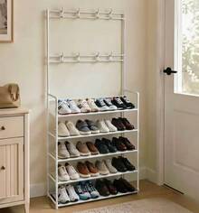 5 Tier Shoe Rack With 8 Hooks, Freestanding Entryway Hall Tree Organizer, Space Saving Shoe Storage Shelf With Hanging Hooks For Hats, Bags & Lightweight Accessories, Bedroom Living Room Hallway - View 5