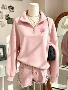 Fashionable Pink Long Sleeve Zip-Up Sweatshirt, Suitable For Teen Girl, Loose Fit, Heart And Letter Pattern Print - Pink - View 1