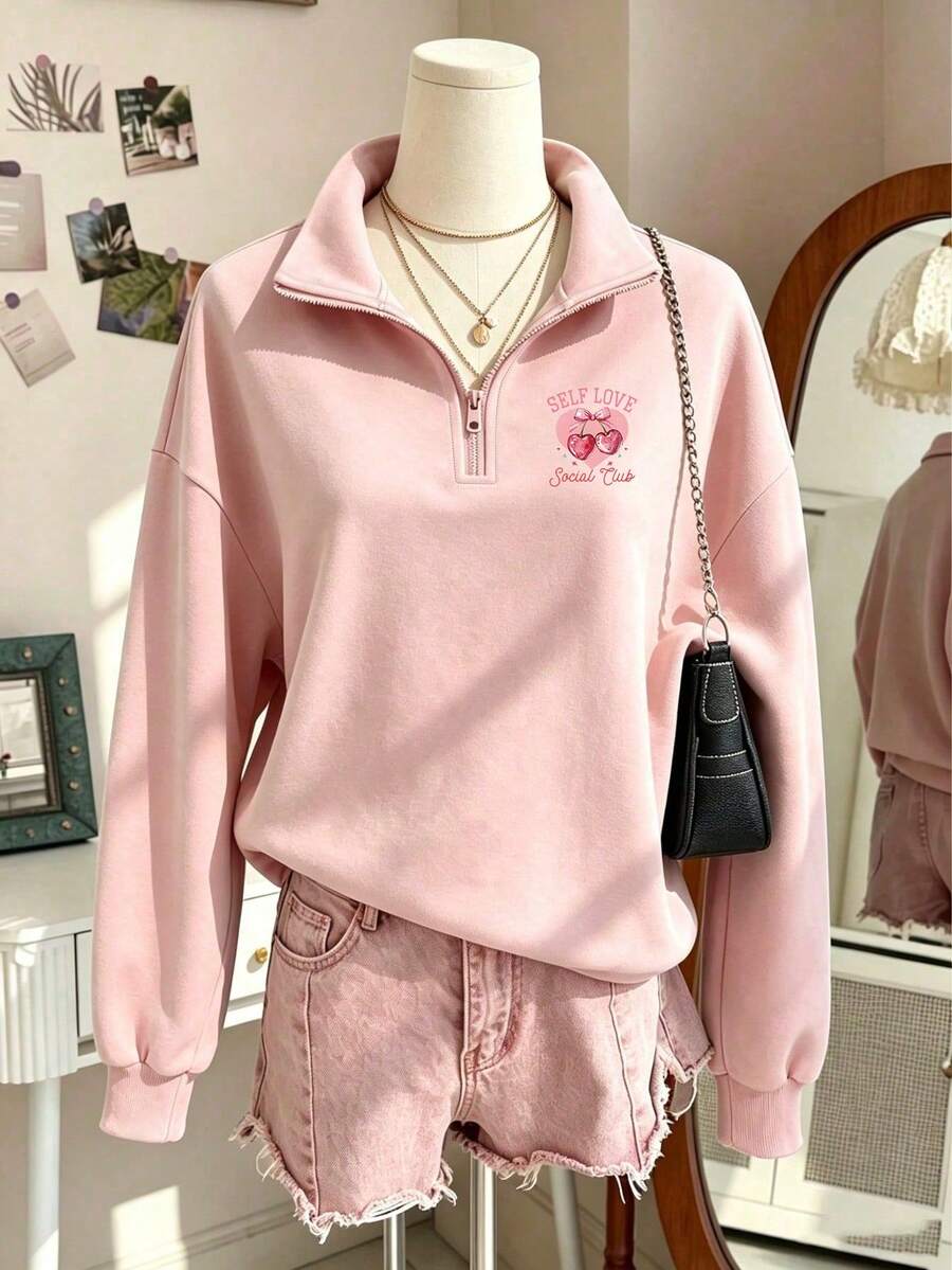 Fashionable Pink Long Sleeve Zip-Up Sweatshirt, Suitable For Teen Girl, Loose Fit, Heart And Letter Pattern Print - Pink - View 1