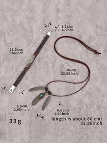 1 Set Of Turquoise Jewelry: Personalized Carved Multiple Layers Black Leather Bracelet For Men, Eagle Claw Turquoise Feather Pendant, Zinc Alloy Brown Rope Long Chain Necklace, Couple Matching Set - Turquoise - View 6