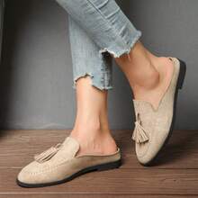 Sepatu Mule Wanita Bahan Suede dengan Rumbai, Sepatu Loafer Slip-On Hak Rendah, Sepatu Datar Nyaman untuk Berpergian - Khaki - View 4