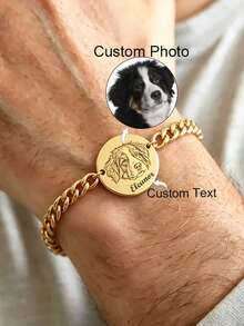 Custom Engraved Pet Portrait And Name Bracelet, Personalized Adjustable Cuban Chain Round Pendant Memorial Bracelet, Unisex For Daily Wear, Birthday Gift, Halloween Gift, Christmas Gift For Cat And Dog Lovers - Multicolor - View 4