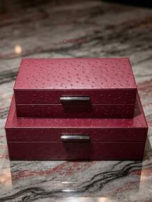 1 Set 2pcs Large & Small Ostrich Pattern PU Leather Jewelry Box With Metal Handle, Luxury Burgundy Rectangular Lid Storage Box, Bedroom Vanity Home Decor Gift - Burgundy - View 13