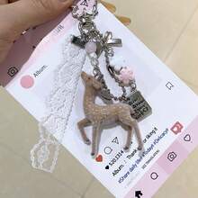 鹿形鑰匙圈吊飾，蕾絲珍珠蝴蝶結包包掛飾，韓系甜美苜蓿背包掛鍊，Y2K女孩風禮物 - 彩色 - 查看 6