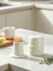 White Ceramic Toothpick Holder, Wavy Pattern Toothpick Box With Lid, Household Kitchen Dining Table Dust-Proof Toothpick Storage Can, Toothpick Dispenser, Dental Floss Storage Can - View 3