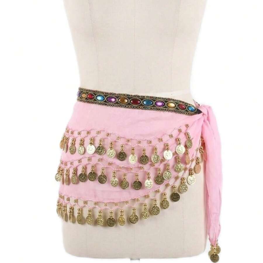 Belly Dance Scarf With Stones And Coins Luxury Various Models - New Arrival - 淺粉色 - 查看 1