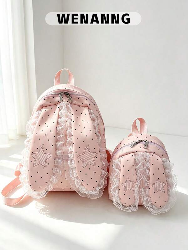 1pc Fashionable Sweet Pink Polka Dot Lace Rabbit Ear Backpack, Embroidered Star Pattern College Student Backpack, Multi-Compartment Commuter Backpack, Large/Small Size Optional, Suitable For Women, Students, Fresh Graduates, Young People, Applicable For Back To School, Daily Commute, Shopping, Short Trips And Outdoor Leisure Travel