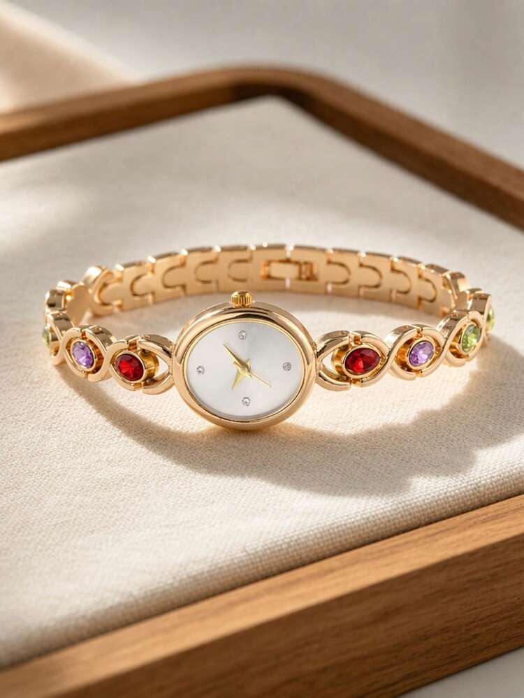 SOKI SOKI Women's Watch, Elegant Fashion High-End Rhinestone-Embellished Oval Dial, Exquisite Small Quartz Watch With Colorful Rhinestone Necklace, Bracelet And Earring Jewelry Set, Suitable For Daily Wear, Back To School, Timekeeping, Birthday Gift, Ideal Choice For Yourself Or Friends, Women's Watch - Gold - View 4
