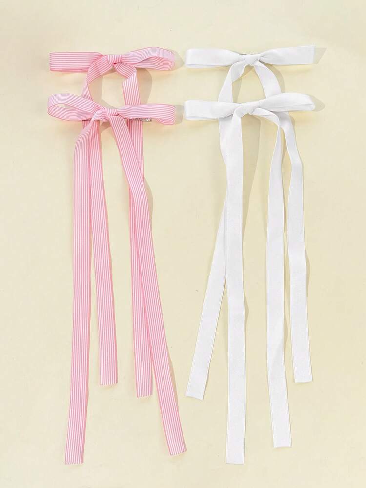 2pcs Fresh Preppy Style Long Ribbon Bow Hair Clips, Striped & Solid Color Satin Ribbon Design, Suitable For Back To School Season Daily Outfit, Girly Vibe Hair Accessories - Multicolor - View 2