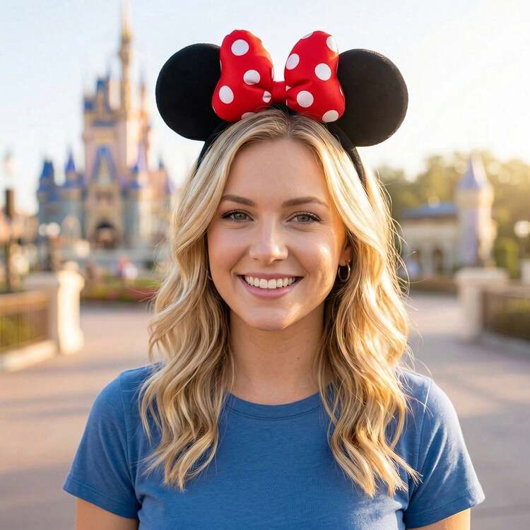 Disney 迪士尼米妮老鼠耳朵发箍，配红色波点蝴蝶结 - 经典毛绒老鼠耳朵，适合服装派对、主题活动、户外拍照、迪士尼乐园、角色扮演和日常佩戴 - 彩色 - 查看 1