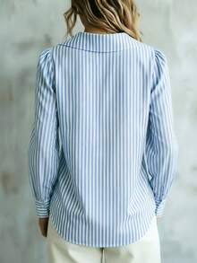 Women's Plus Size Striped Shirt, Peter Pan Collar Long Sleeve Button-Up Blouse, Casual Woven Top - Sky Blue - View 2