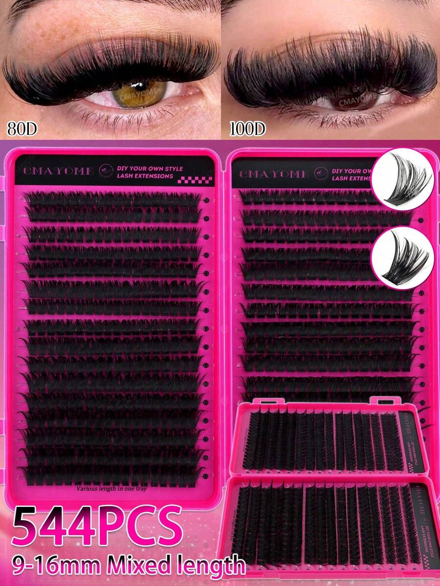 544/640pcs 10D-80D D-Curl Cluster False Eyelashes, Fluffy Natural Dense DIY Eyelash Book, Soft And Long-Lasting, Fox Eye/Cat Eye Style, Suitable For Beginners And Professionals, Portable Travel Pack, Applicable For Daily Work, Wedding, Party And Stage Makeup