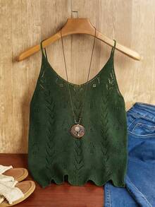 Korean Style Minimalist Solid Color Hollow Knit Camisole Top, Loose Fit Wavy Hem, Casual Commute Versatile Pullover Sweater Vest For Women - Green - View 2