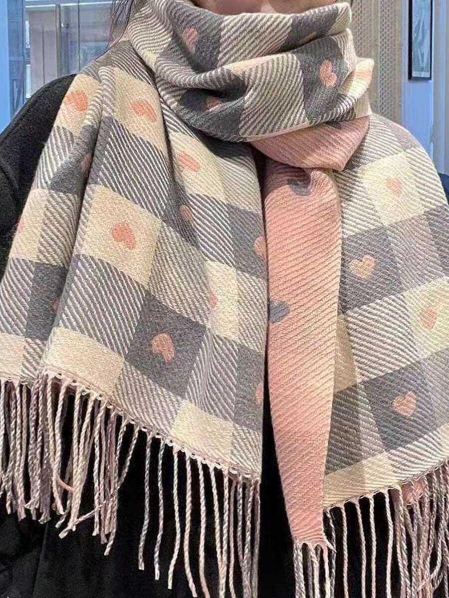 Blue & Beige Plaid Heart Print Scarf, Comfortable Winter Tassel Shawl - Love - View 1