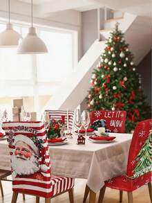6pcs Dokriy Polyester Christmas Chair Covers - Elastic Stretch Closure, Red And Striped, With Snowman, Tree, Santa Claus, Let It Snow Design, Machine Washable, Suitable For Dining Room, Kitchen, Home Party Decoration, Christmas Chair Covers - A - View 6