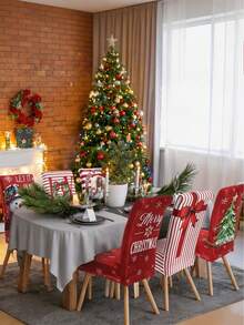 6pcs Dokriy Polyester Christmas Chair Covers - Elastic Stretch Closure, Red And Striped, With Snowman, Tree, Santa Claus, Let It Snow Design, Machine Washable, Suitable For Dining Room, Kitchen, Home Party Decoration, Christmas Chair Covers - A - View 4