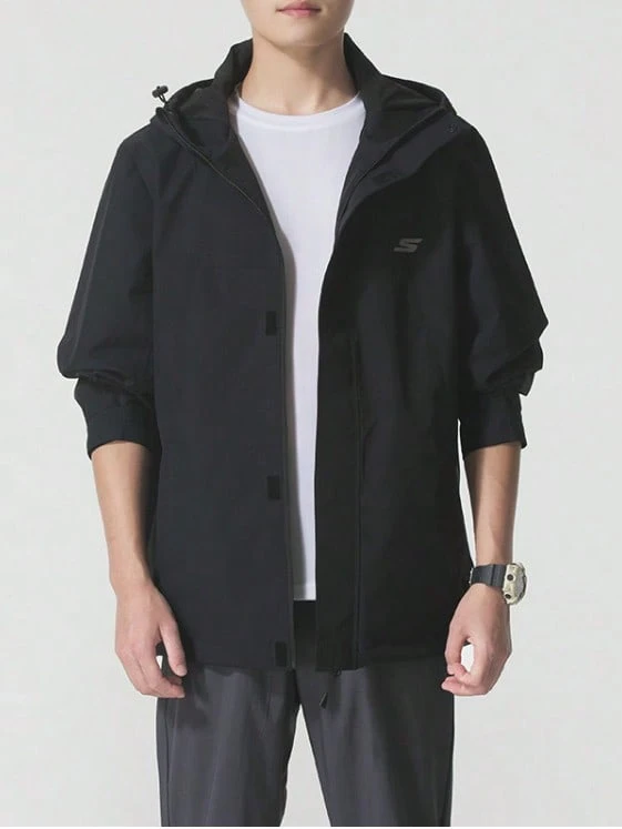 Skechers Men's Color-Block Hooded Outdoor Windbreaker Jacket - Black - View 1