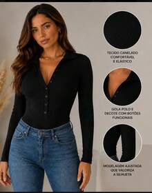 Body Feminino Manga Longa Gola Polo Botão ajustável-Inverno - Azul Marinho - Visão 3