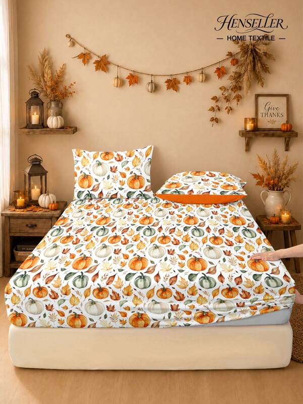1pc Halloween & Thanksgiving Leaf Pumpkin Print Fitted Sheet, Quiet, Non-Slip, Machine Washable, Durable & Easy Care, All-Season Bedding For All Bed Sizes, Home, Dorm, Apartment, Guest Room, Rentals, Bedroom Decor & Holiday Gifts