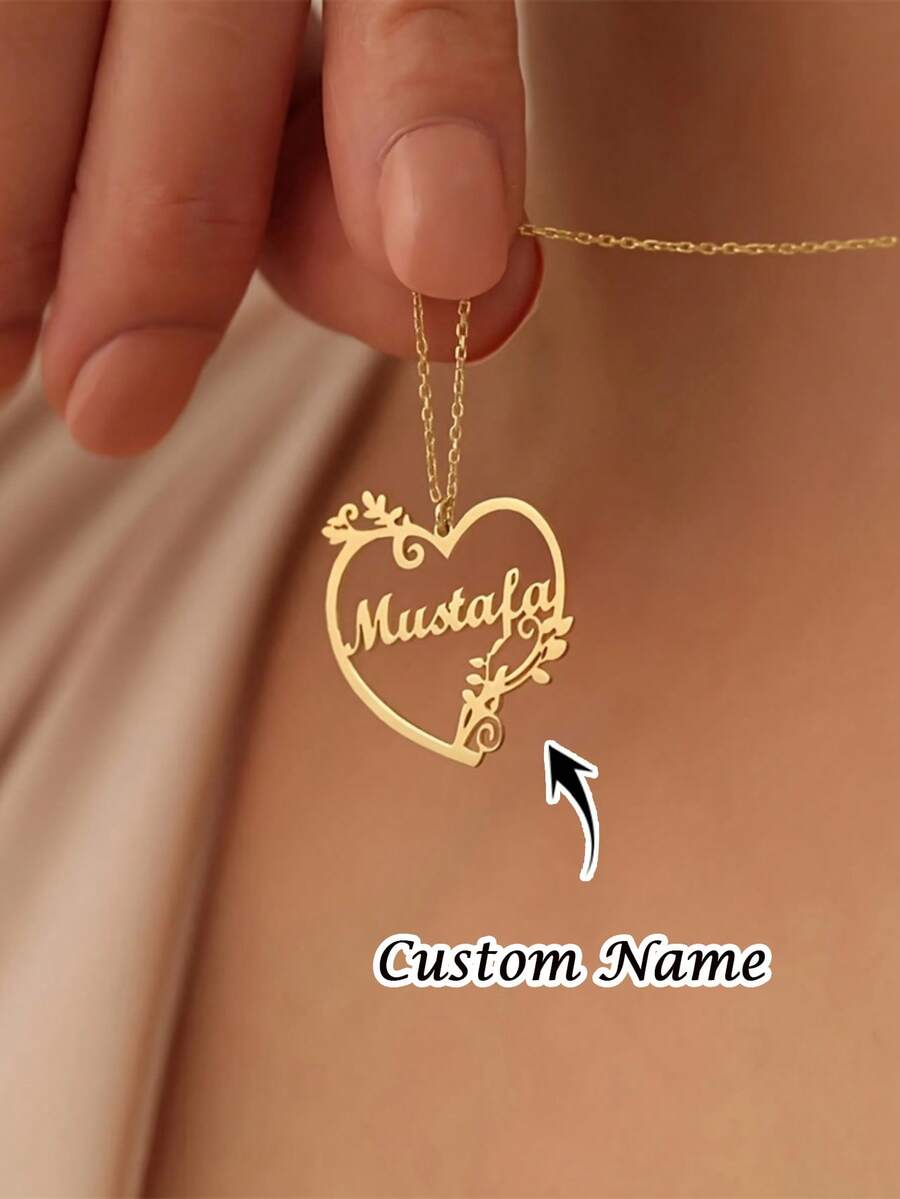 1 pièce [Personnalisé] Collier en acier inoxydable doré avec cœur de vigne et nom personnalisé, Collier personnalisé de cœur de vigne privé, Collier pour femmes, Cadeau de bijoux, Cadeau de bijoux personnalisé, Cadeau de vacances, Cadeau d'anniversaire, Cadeau parfait, Noël, Cadeau d'Halloween
